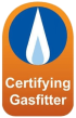 A rectangular logo with rounded corners has an orange and white gradient background. The top half features a large blue circle with a white and light blue flame symbol inside. The words 