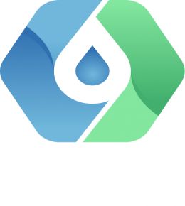 A hexagonal logo features two connected shapes, one blue and one green, with a blue water droplet in the center. Below the symbol, the text "A2W" is written in a bold, white font, followed by the words "HOT WATER HEAT PUMPS" in smaller white letters.