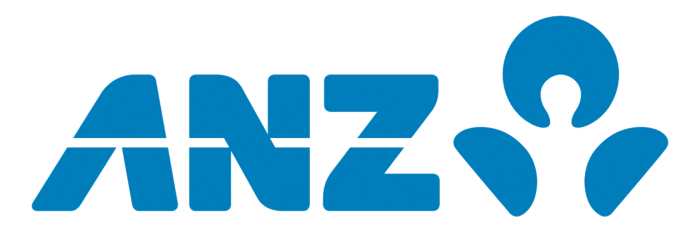 A horizontal logo for ANZ Bank features the letters "ANZ" in a blocky, blue font with a stylized, flowing symbol resembling a fan on the right.