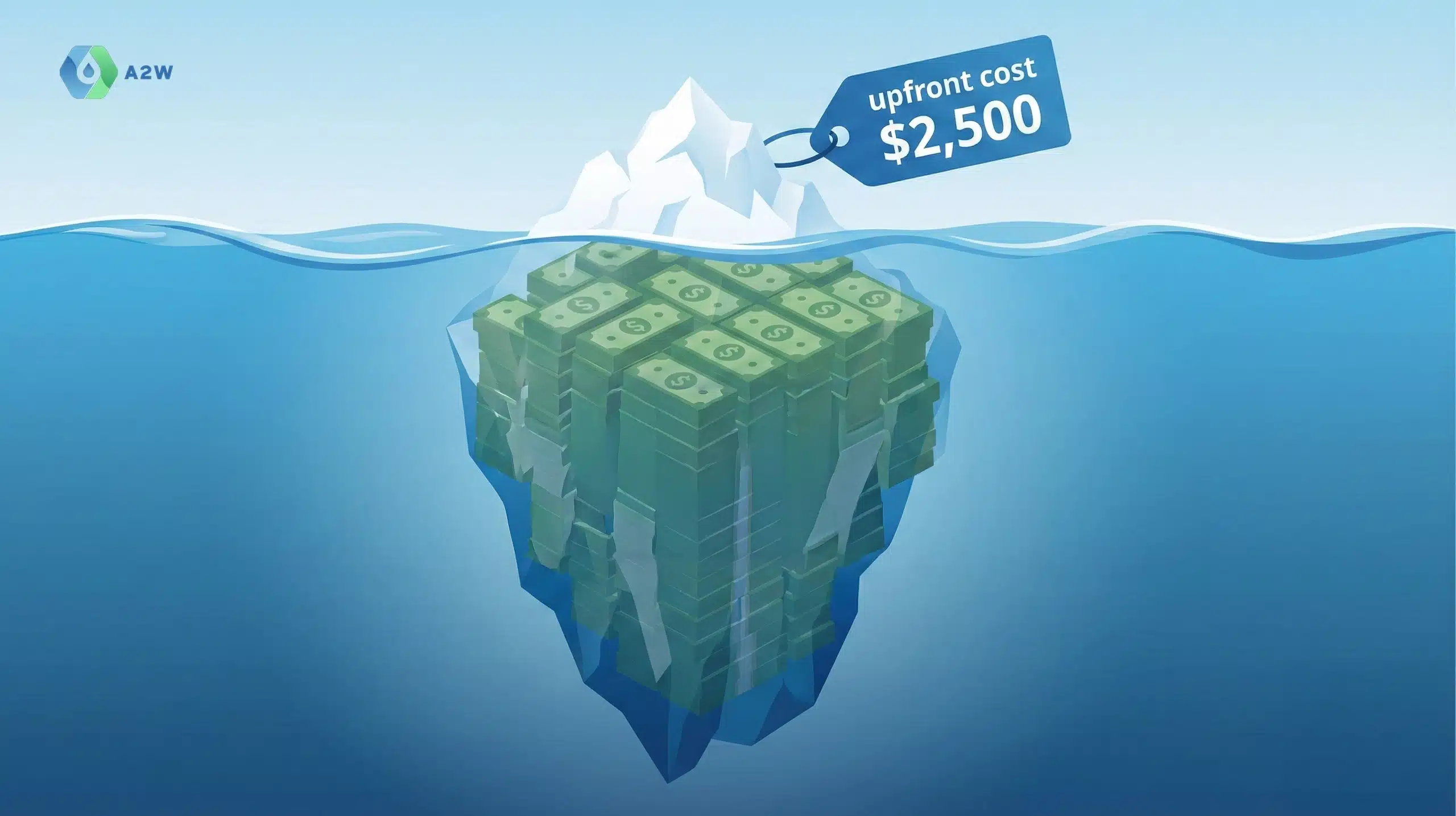 Infographic shows an iceberg with labels for upfront cost $2,500 and 15 years of energy bills $17,640, showing hot water heat pump savings over time.