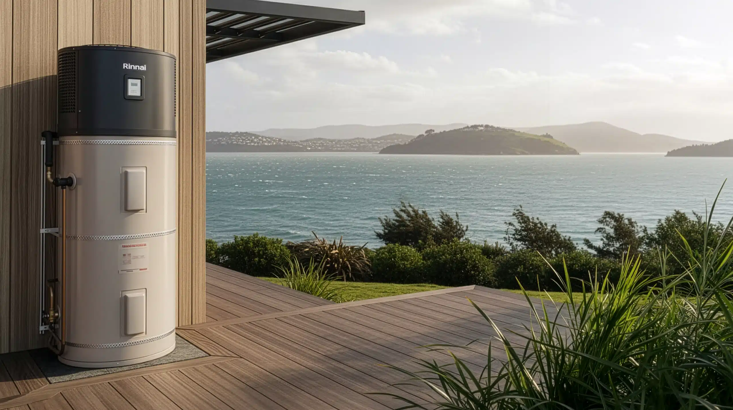 Outdoor hot water heat pump unit installed beside a timber deck at a Wellington coastal property, overlooking the harbour and hills.