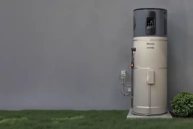 Rinnai integrated hot water heat pump unit installed on a concrete pad outside a NZ home