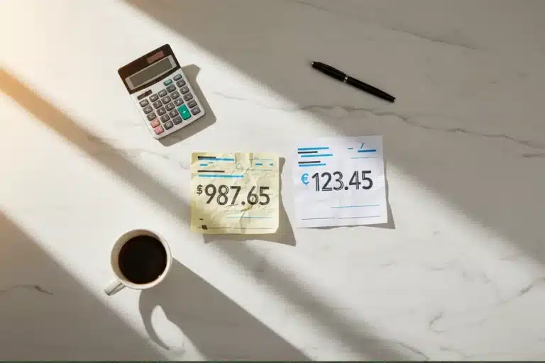 Two power bills showing high cylinder running cost vs lower hot water heat pump cost with a calculator