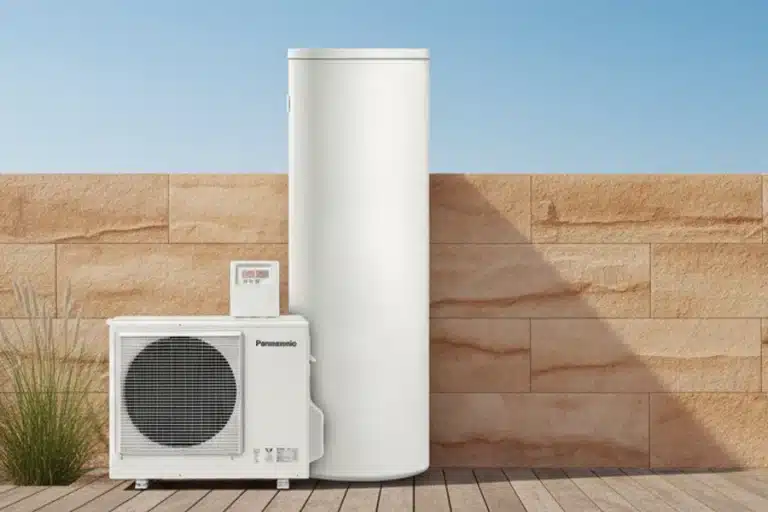 Panasonic split system hot water heat pump with outdoor unit and storage cylinder installed outside a NZ home